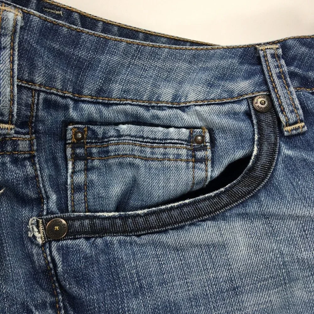 Buffalo‎ David Bitton Mens Blue Jeans 34X28 Boot Cut Ripped Rough Cuffs Denim